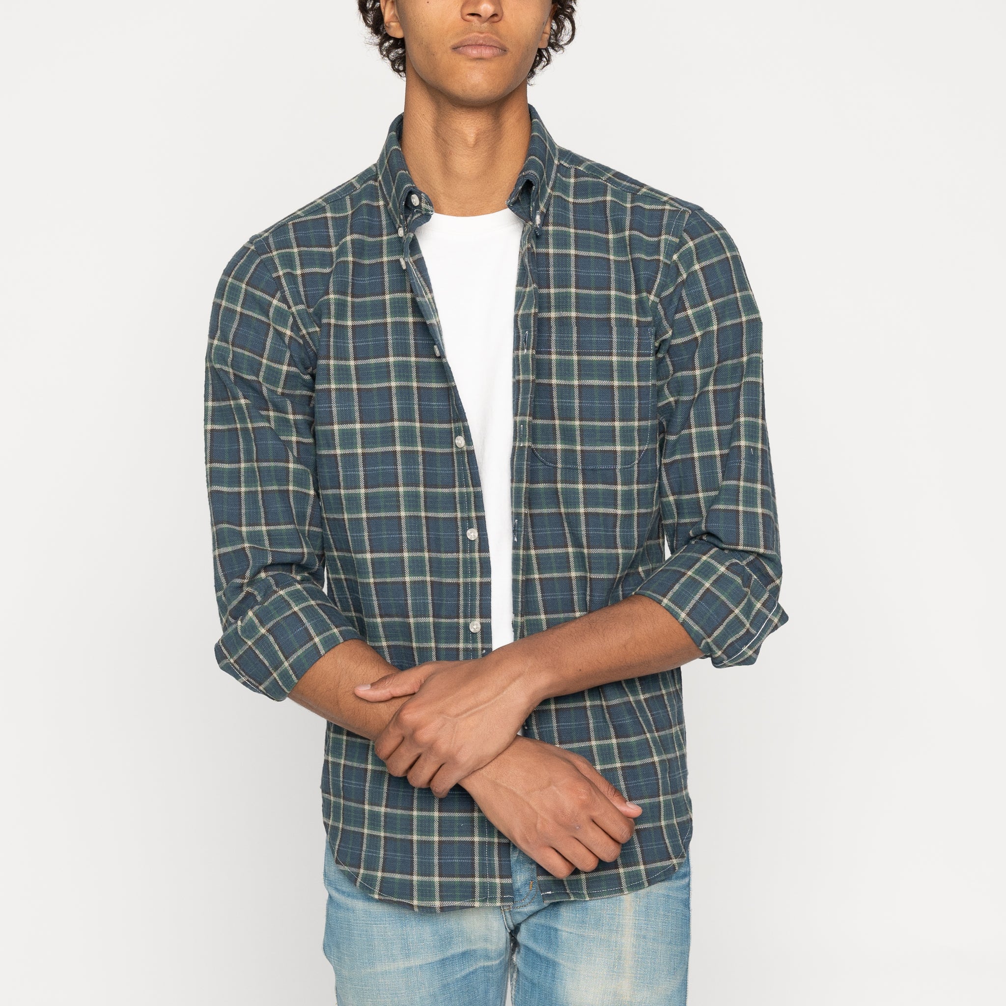 Easy Shirt - Big Slub Check Flannel - Navy + Green by Naked & Famous Denim