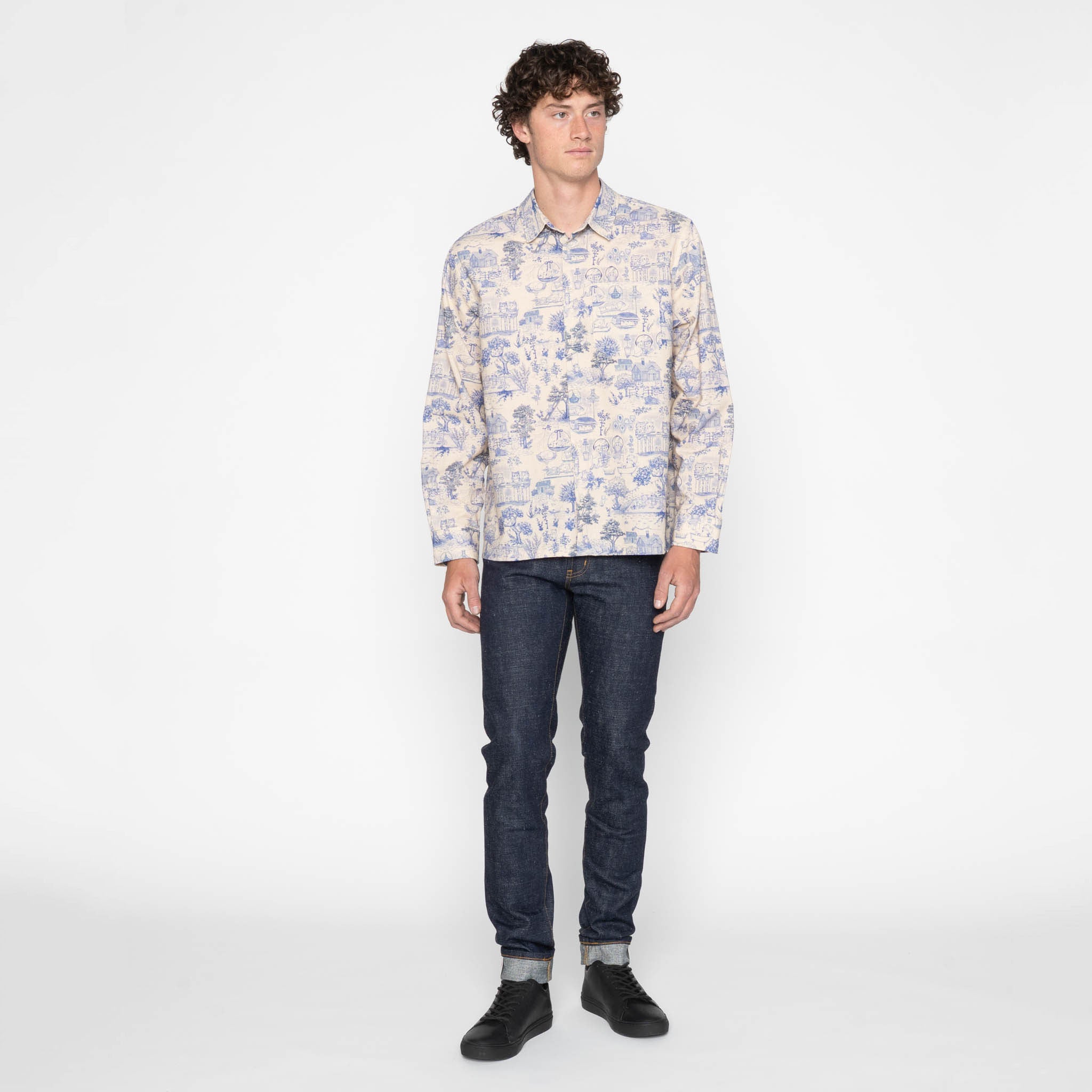True Shirt - Linen Cats - Blue by Naked & Famous Denim