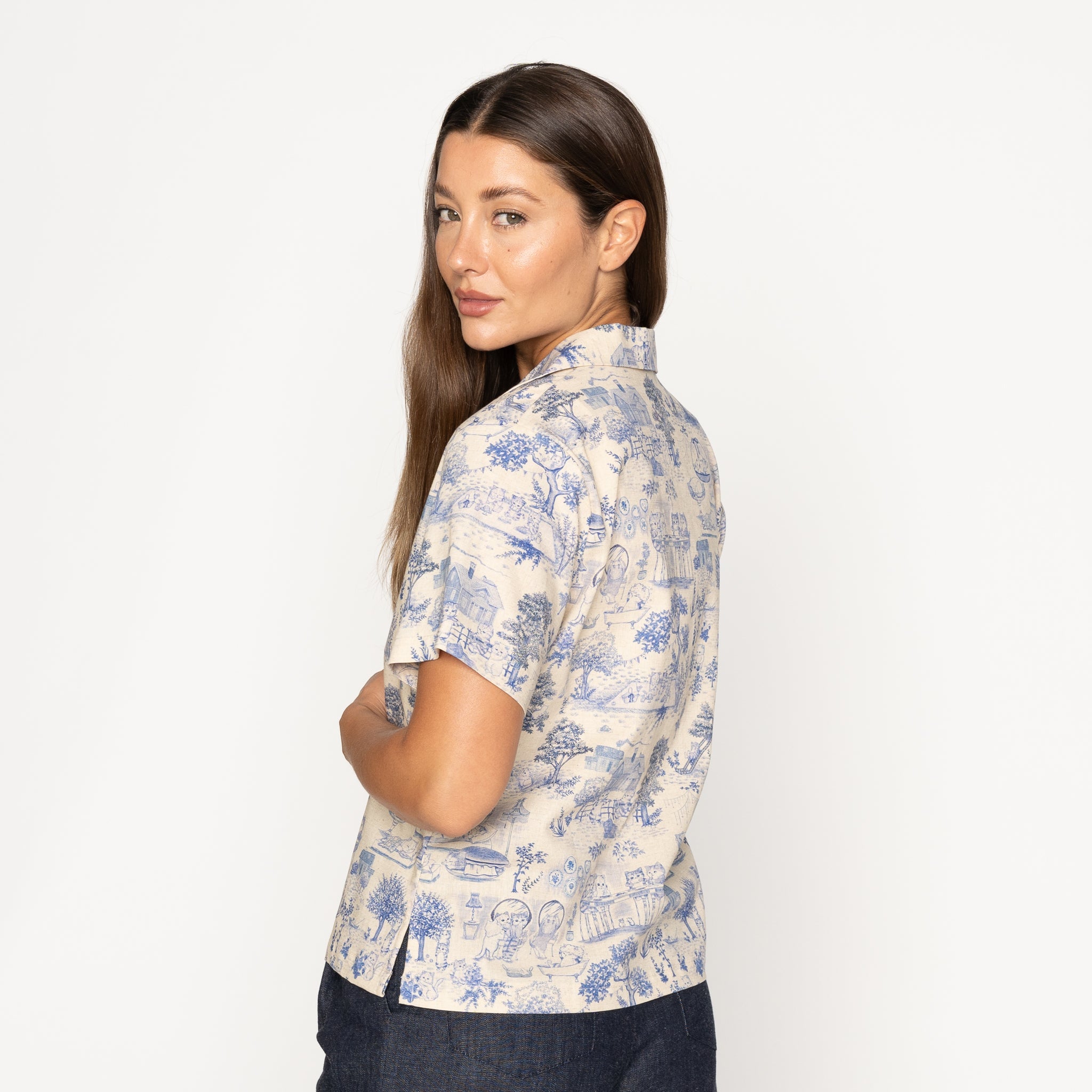 Camp Collar Shirt - Linen Cats - Blue by Naked & Famous Denim