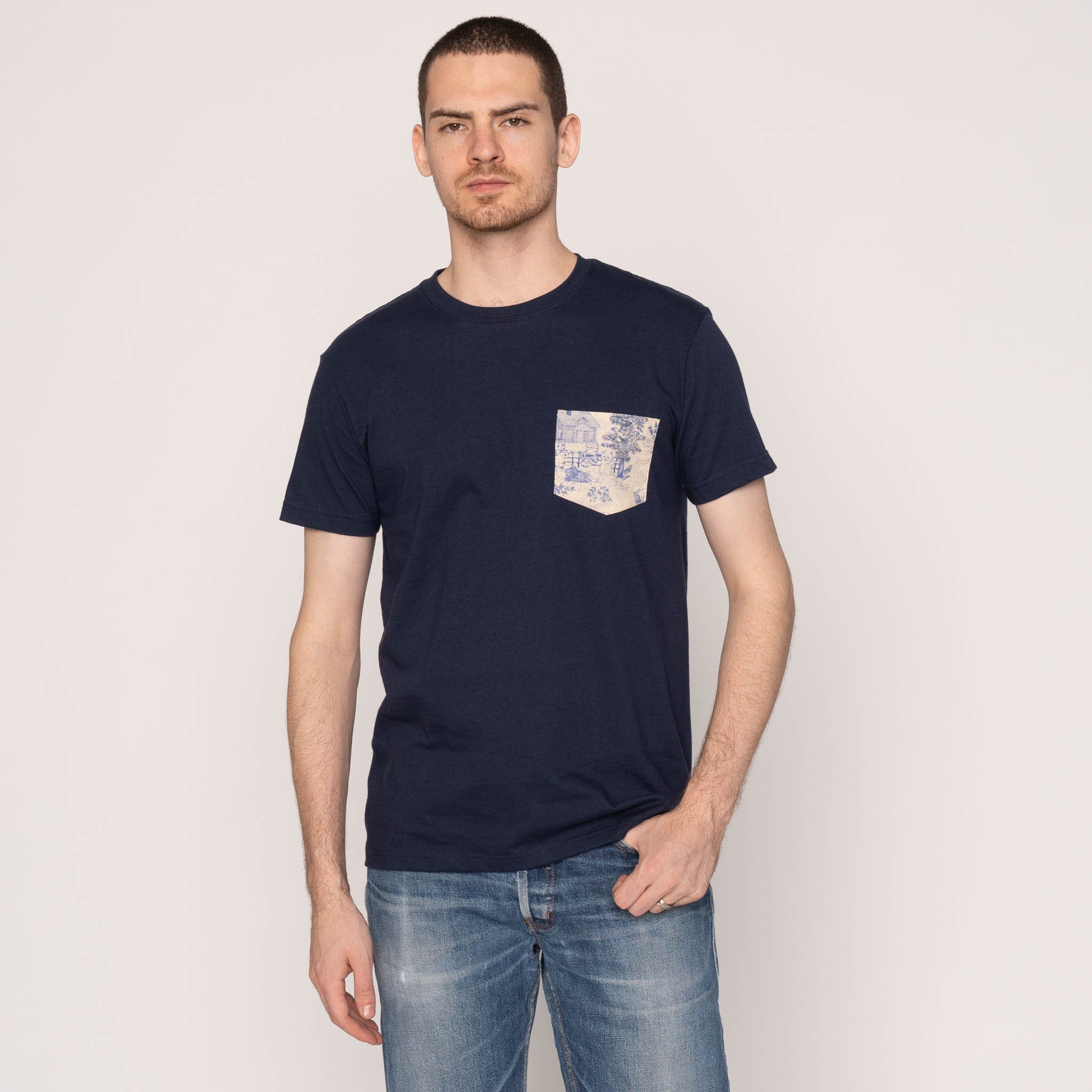 Pocket Tee - Navy - Linen Cats - Blue by Naked & Famous Denim