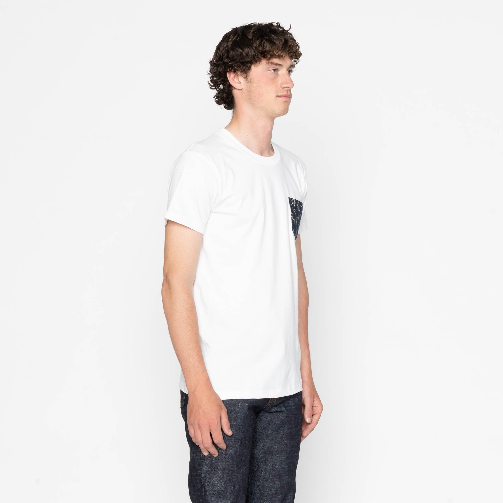 Pocket Tee - White + Matsuba Pines Needle - Indigo by Naked & Famous Denim