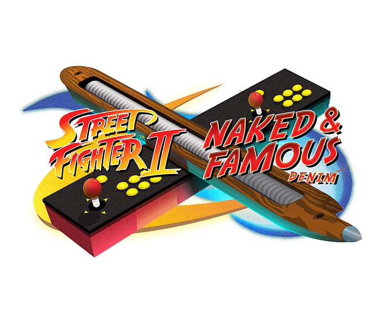 Crossed martial arts stances with 'Street Fighter II' and 'Naked & Famous Denim' text on a white background
