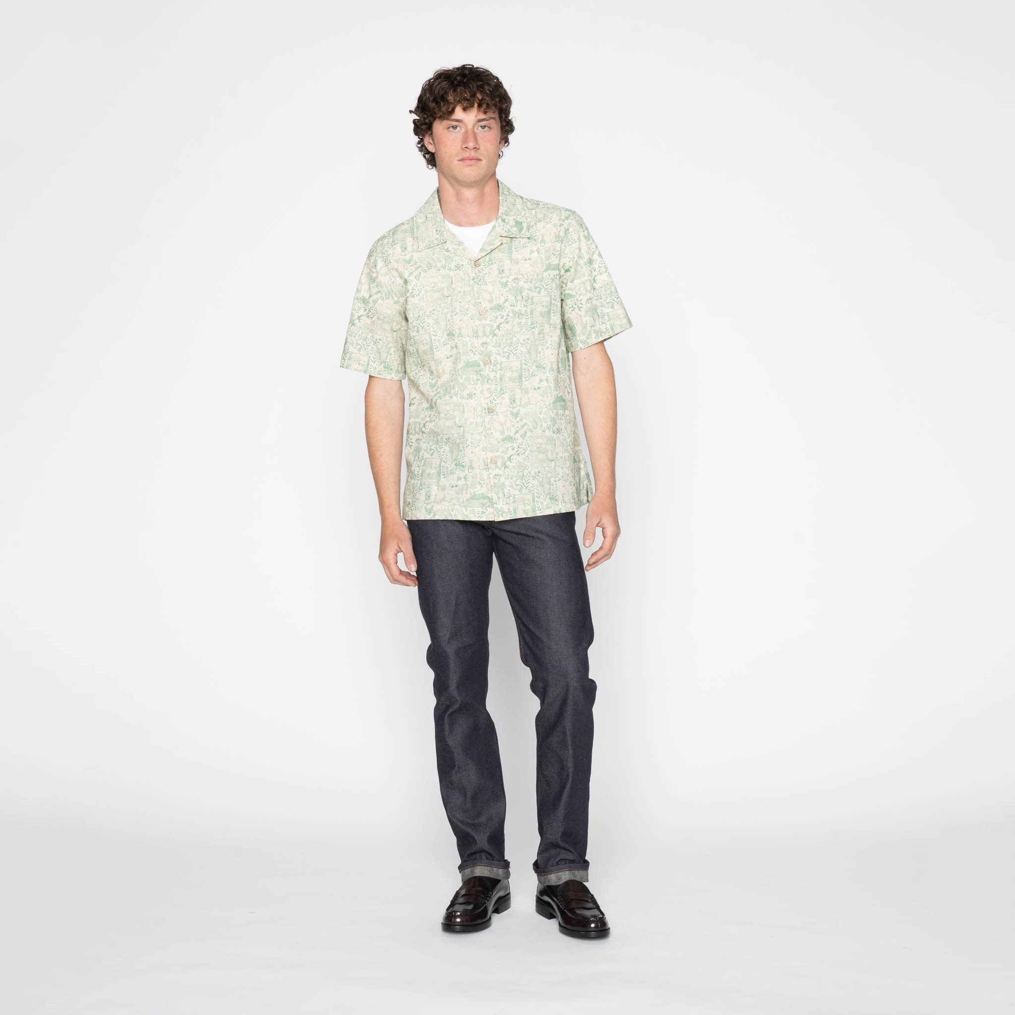 Aloha Shirt - Linen Animals - Green by Naked & Famous Denim