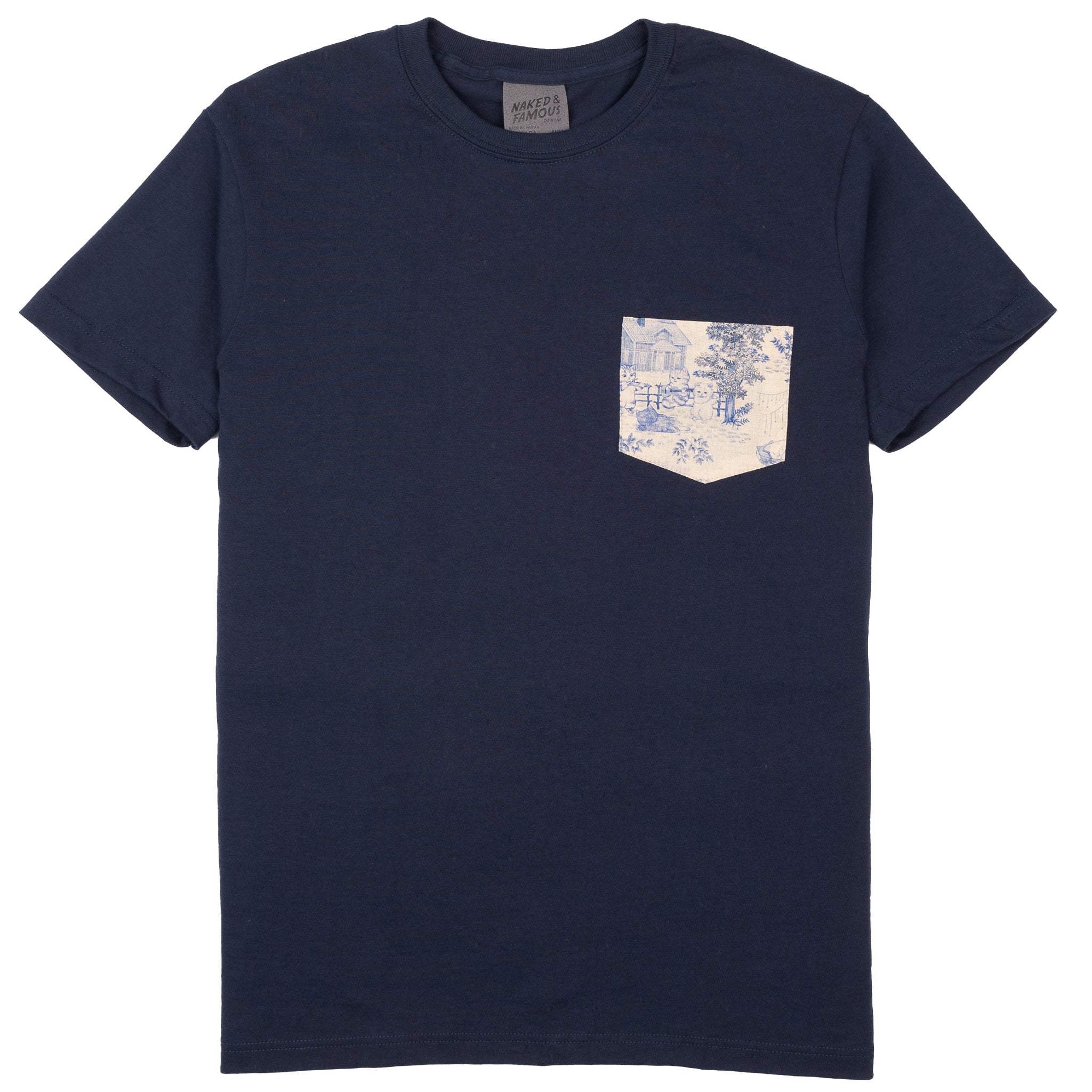Pocket Tee - Navy - Linen Cats - Blue by Naked & Famous Denim