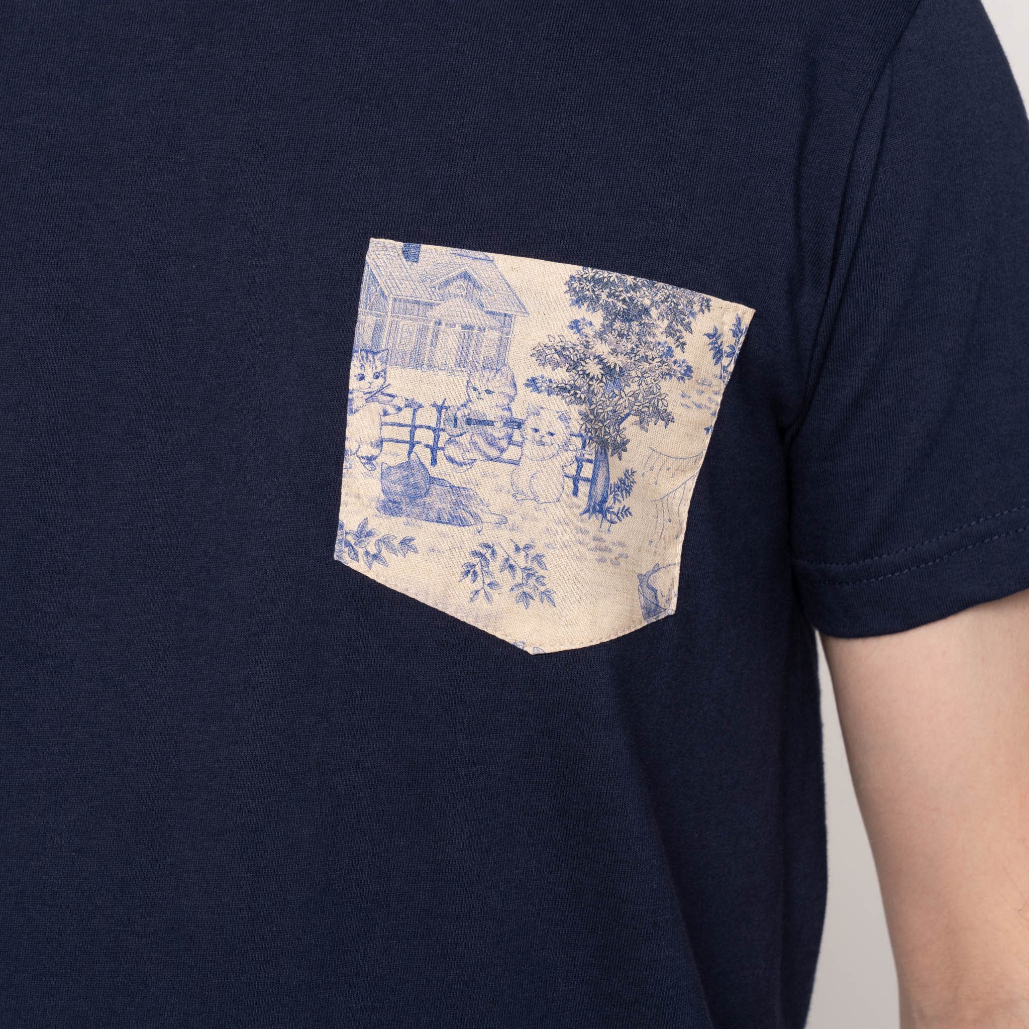 Pocket Tee - Navy - Linen Cats - Blue by Naked & Famous Denim
